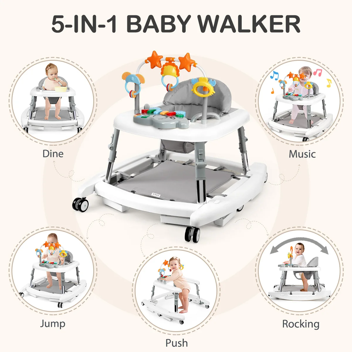5 in 1 Baby Walker Adjustable Height Foldable Baby Activity Center, Infant Walker Bouncer Rocker Push Walker with Music Toys, Eating Seat for Baby Boys Girls