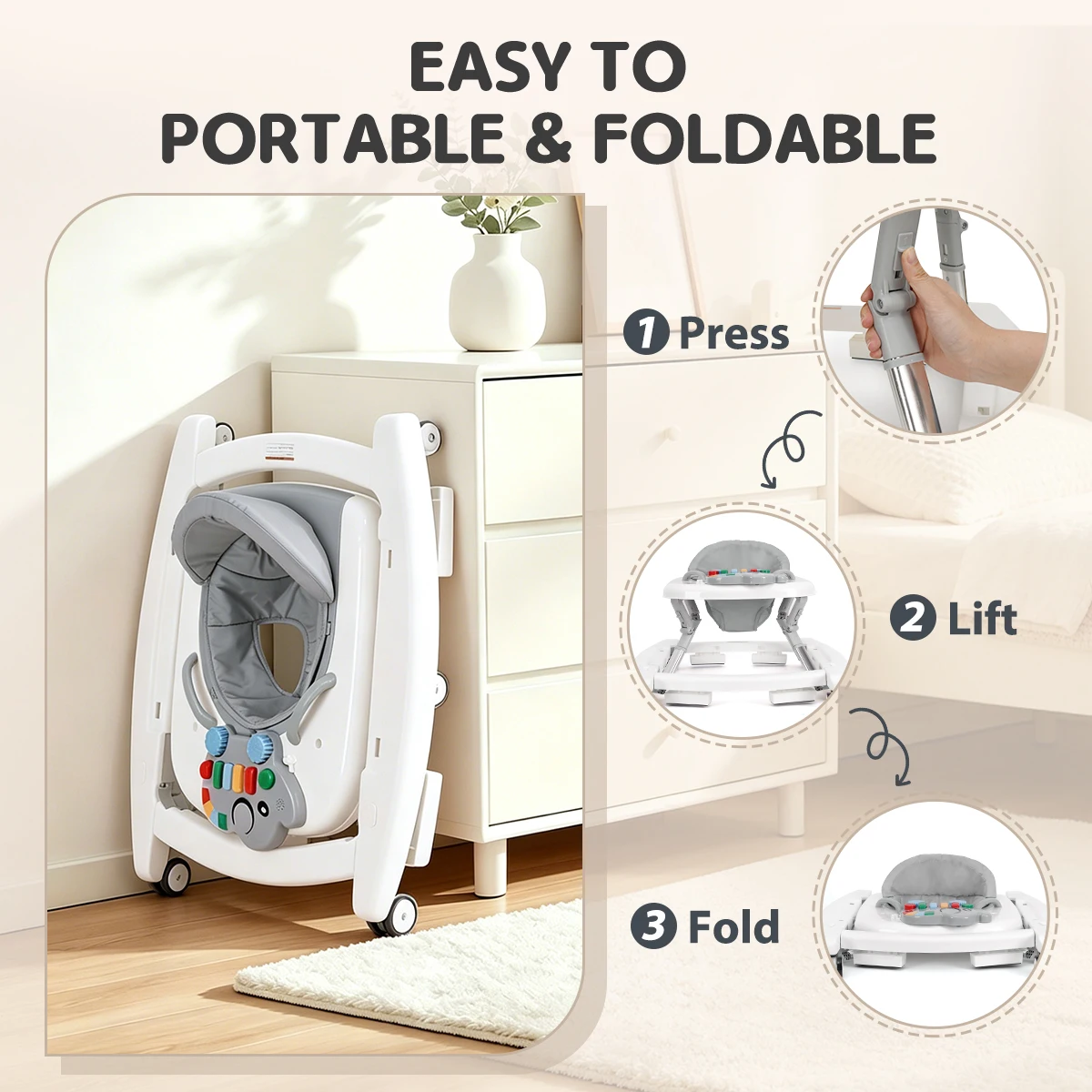 5 in 1 Baby Walker Adjustable Height Foldable Baby Activity Center, Infant Walker Bouncer Rocker Push Walker with Music Toys, Eating Seat for Baby Boys Girls