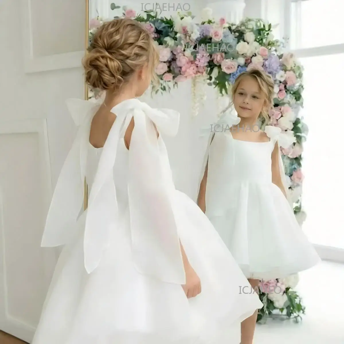 2026 Kids Birthday Party Performance Host Big Bow Pageant Gown Wedding Tutu White Princess Dress Children Girls Elegant Costume