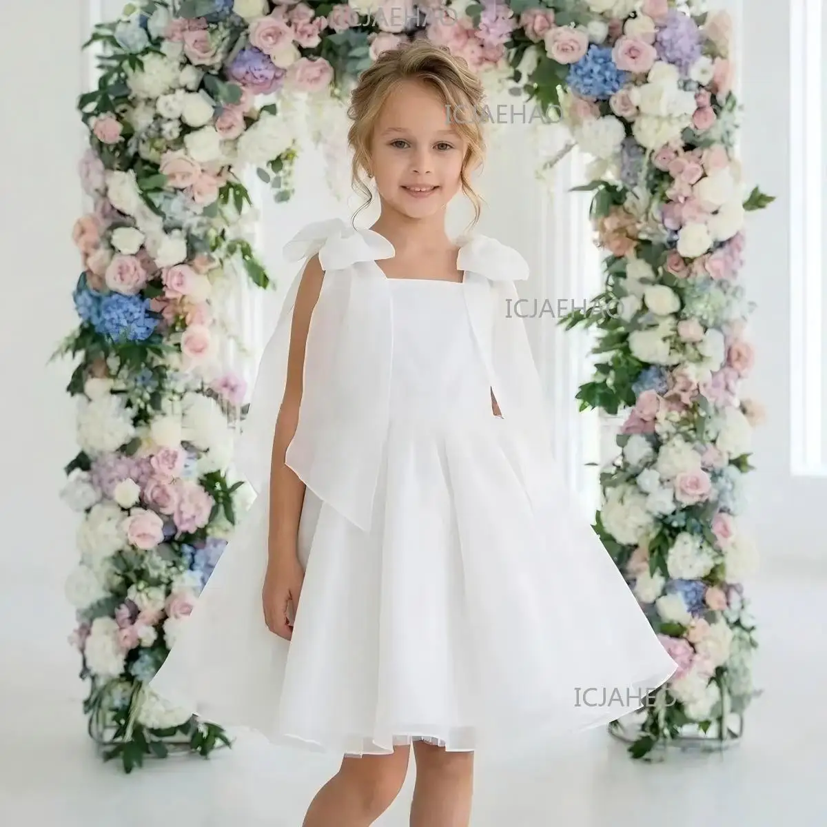 2026 Kids Birthday Party Performance Host Big Bow Pageant Gown Wedding Tutu White Princess Dress Children Girls Elegant Costume