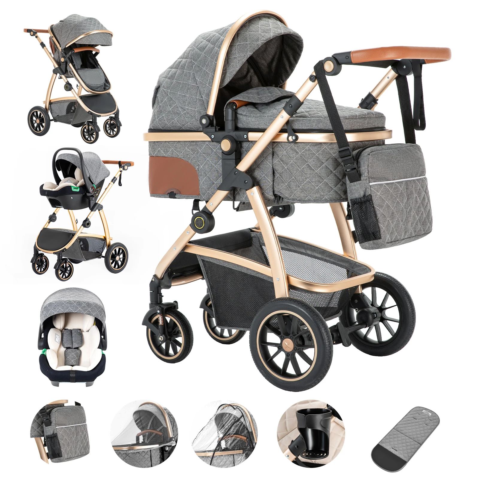 3 in 1 Prams Travel Pushchair with Height Adjustable Handle Travel Pram with Mosquito Net Baby Stroller with Aluminum Frame