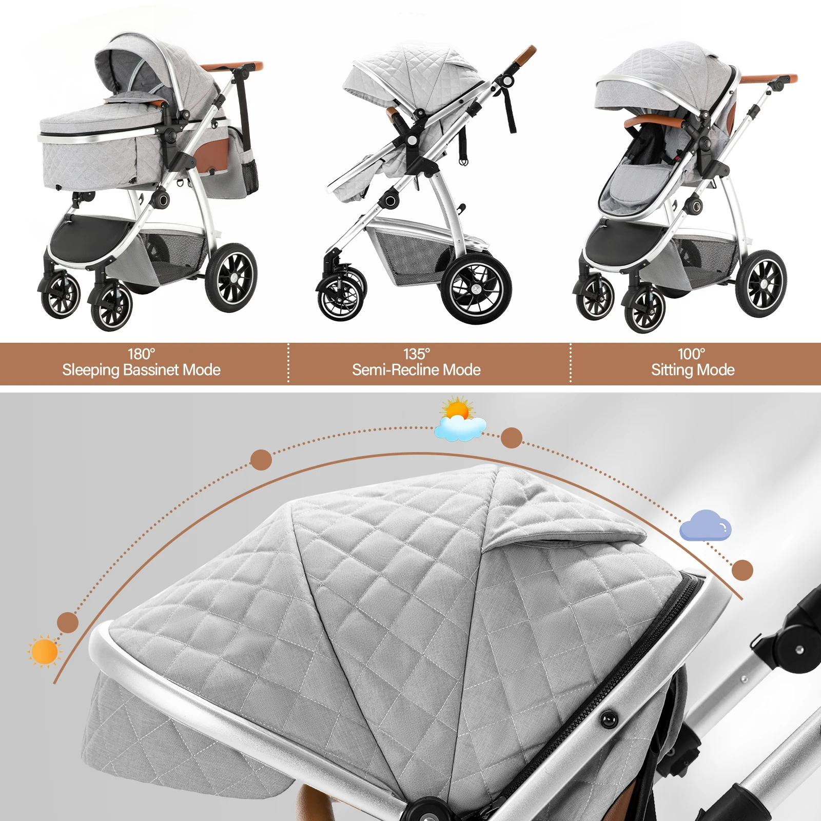 3 in 1 Prams Travel Pushchair with Height Adjustable Handle Travel Pram with Mosquito Net Baby Stroller with Aluminum Frame