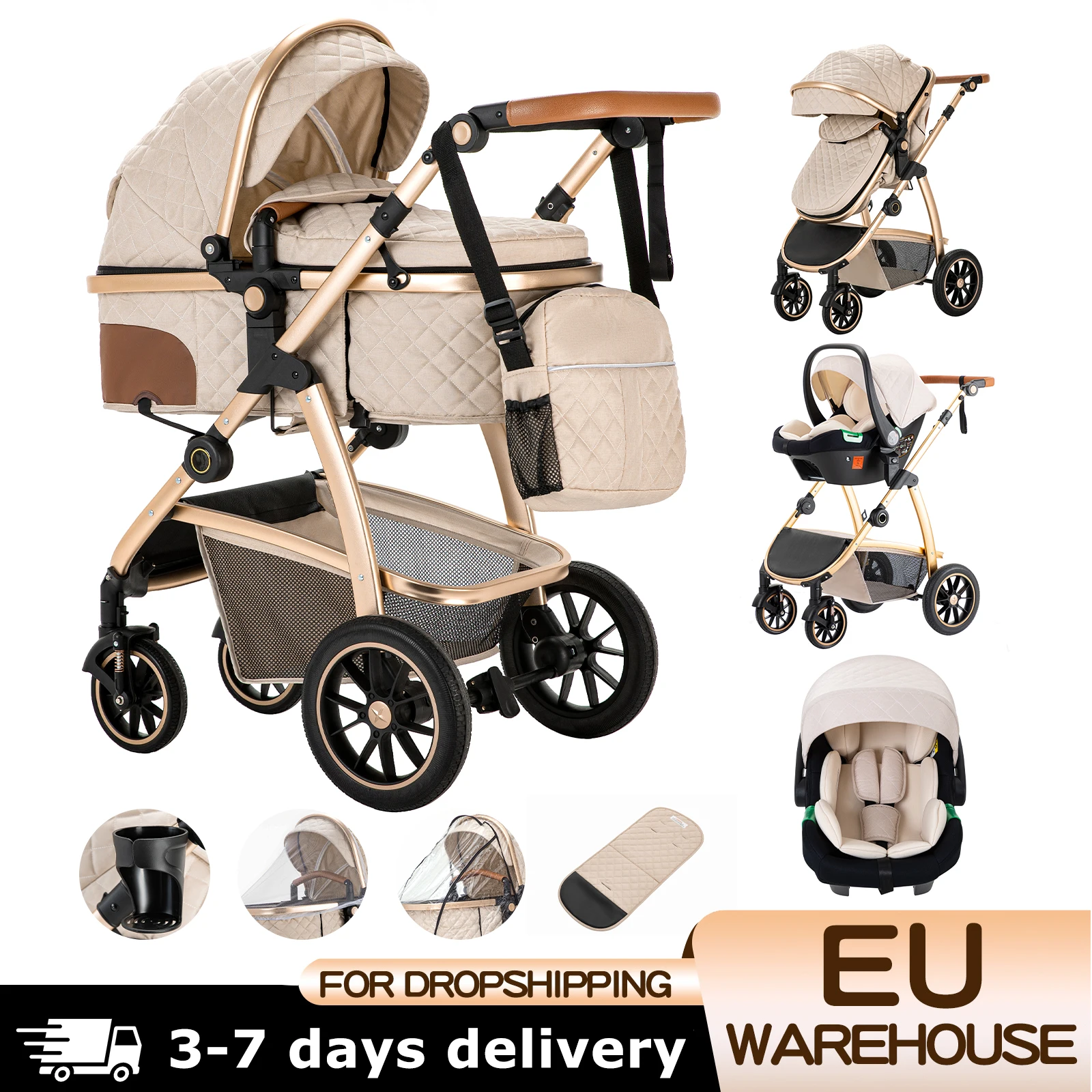 3 in 1 Prams Travel Pushchair with Height Adjustable Handle Travel Pram with Mosquito Net Baby Stroller with Aluminum Frame