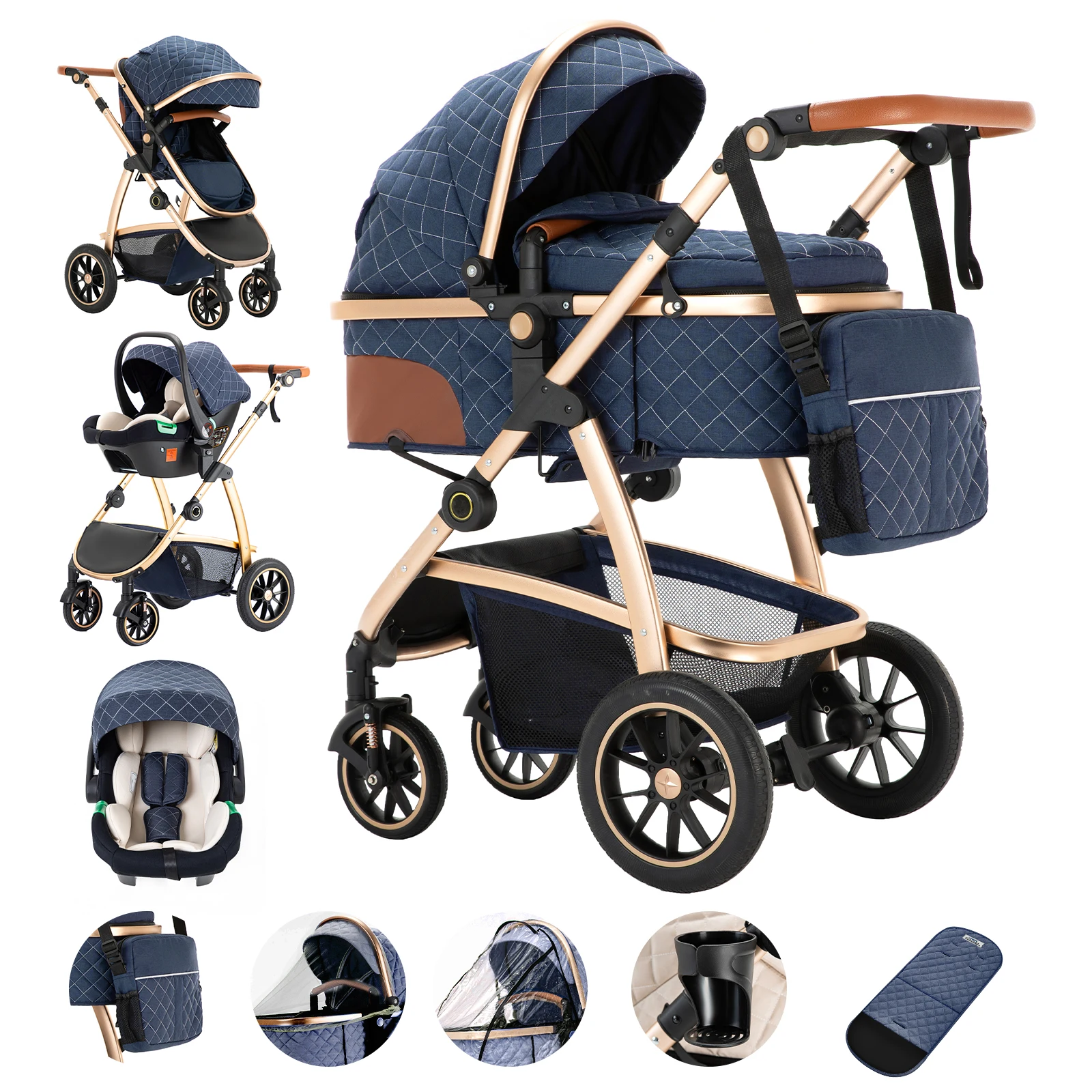 3 in 1 Prams Travel Pushchair with Height Adjustable Handle Travel Pram with Mosquito Net Baby Stroller with Aluminum Frame