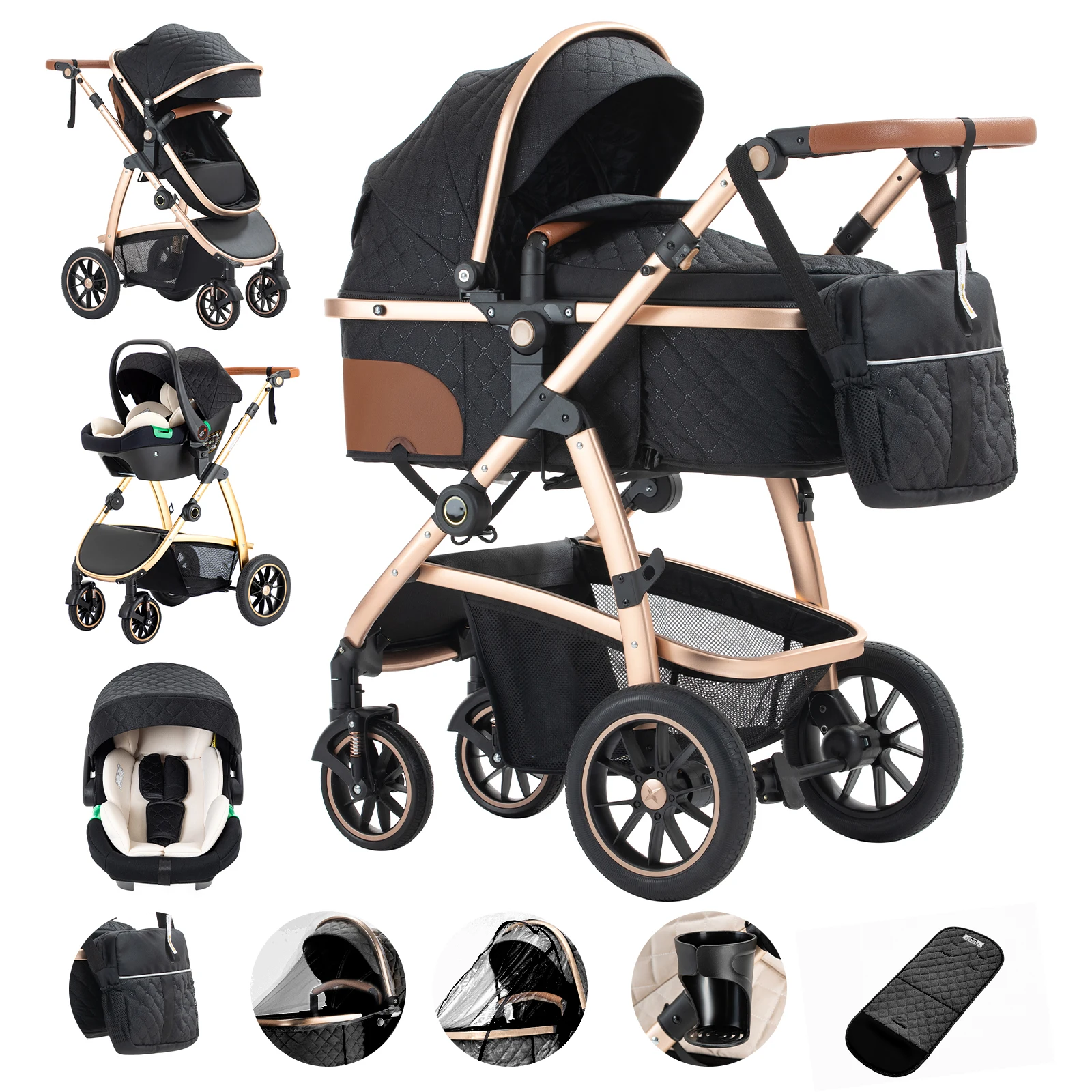 3 in 1 Prams Travel Pushchair with Height Adjustable Handle Travel Pram with Mosquito Net Baby Stroller with Aluminum Frame