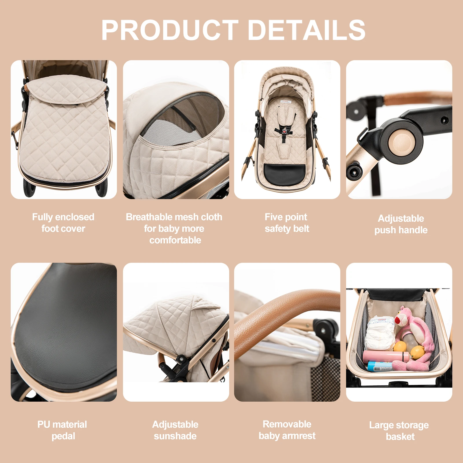 3 in 1 Prams Travel Pushchair with Height Adjustable Handle Travel Pram with Mosquito Net Baby Stroller with Aluminum Frame
