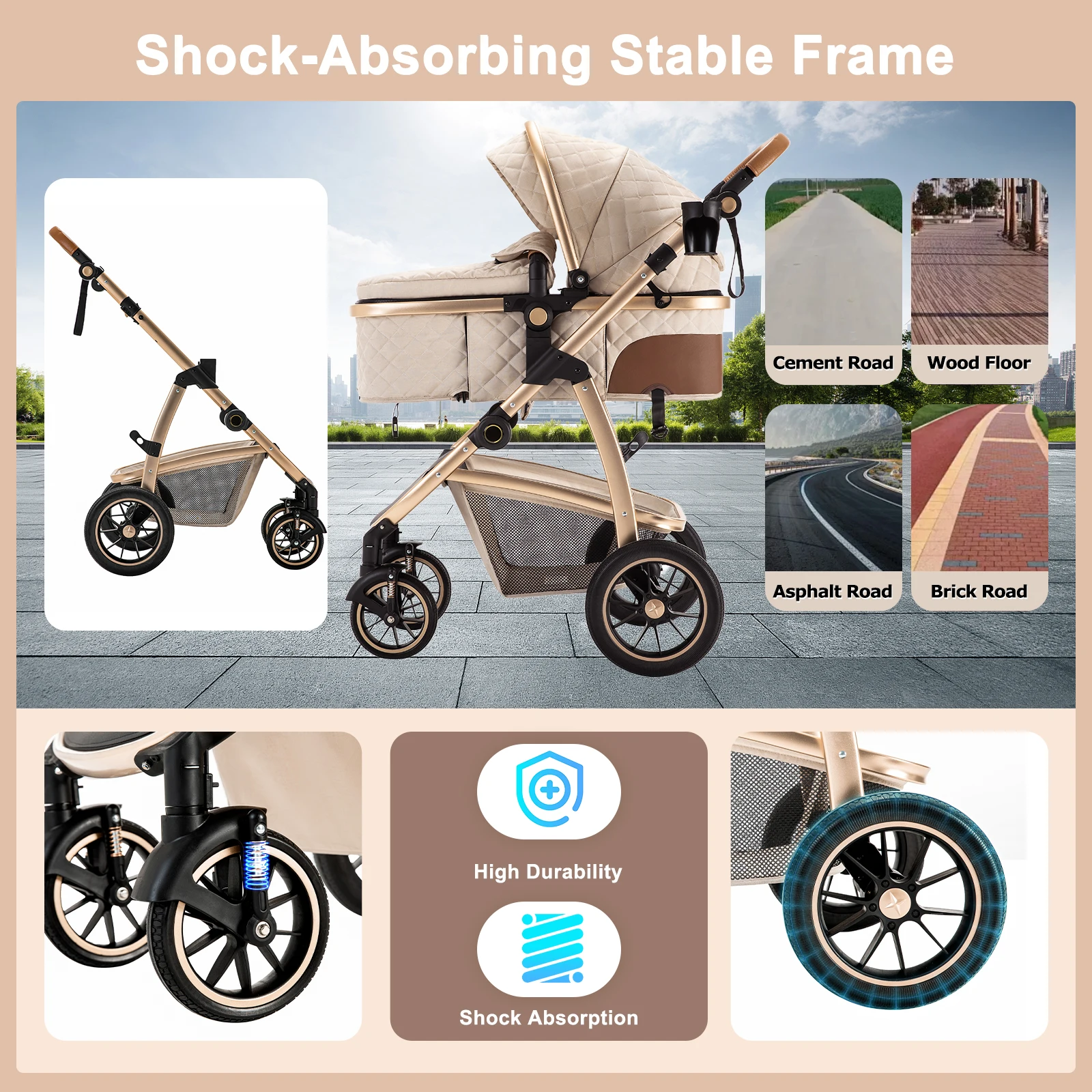 3 in 1 Prams Travel Pushchair with Height Adjustable Handle Travel Pram with Mosquito Net Baby Stroller with Aluminum Frame
