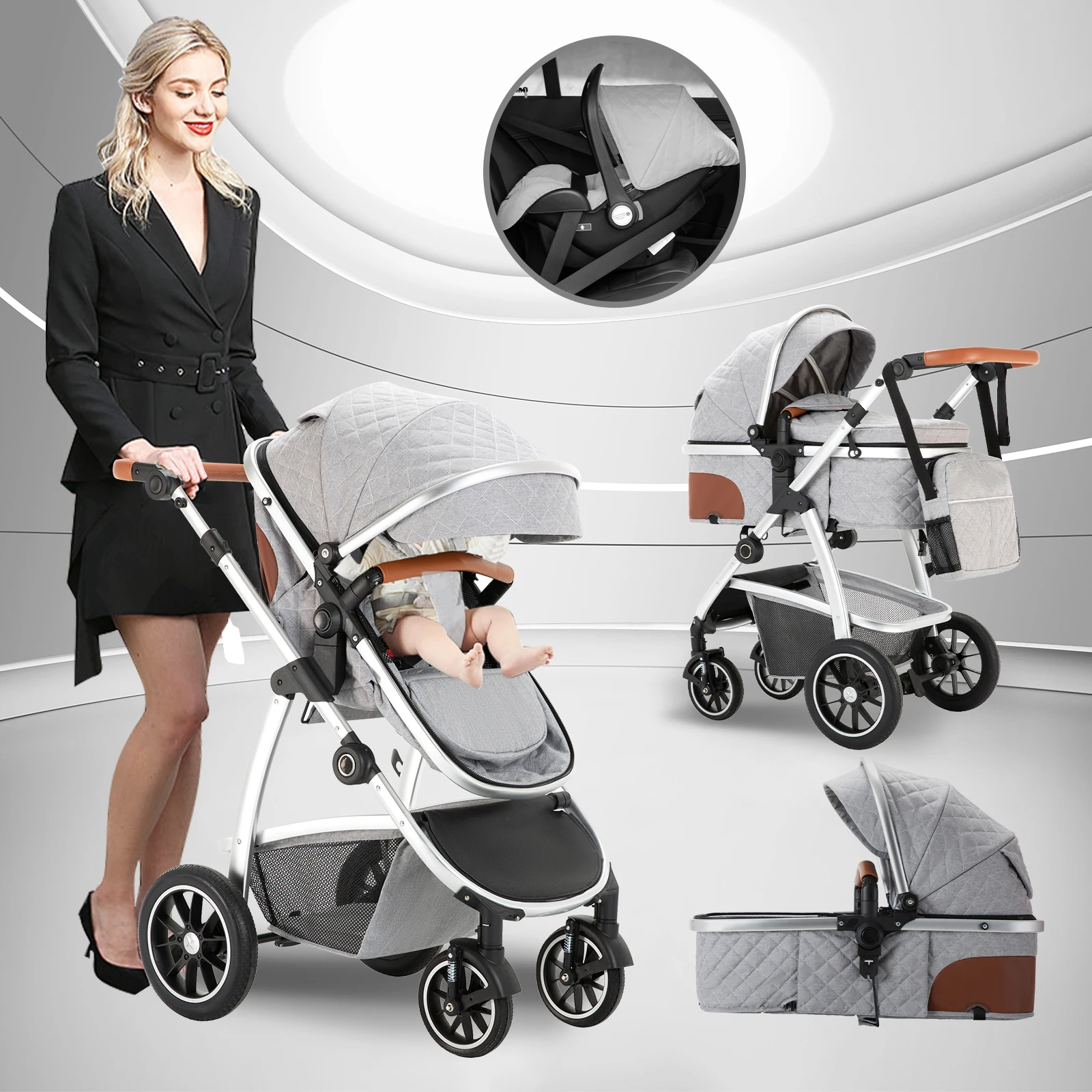 3 in 1 Prams Travel Pushchair with Height Adjustable Handle Travel Pram with Mosquito Net Baby Stroller with Aluminum Frame