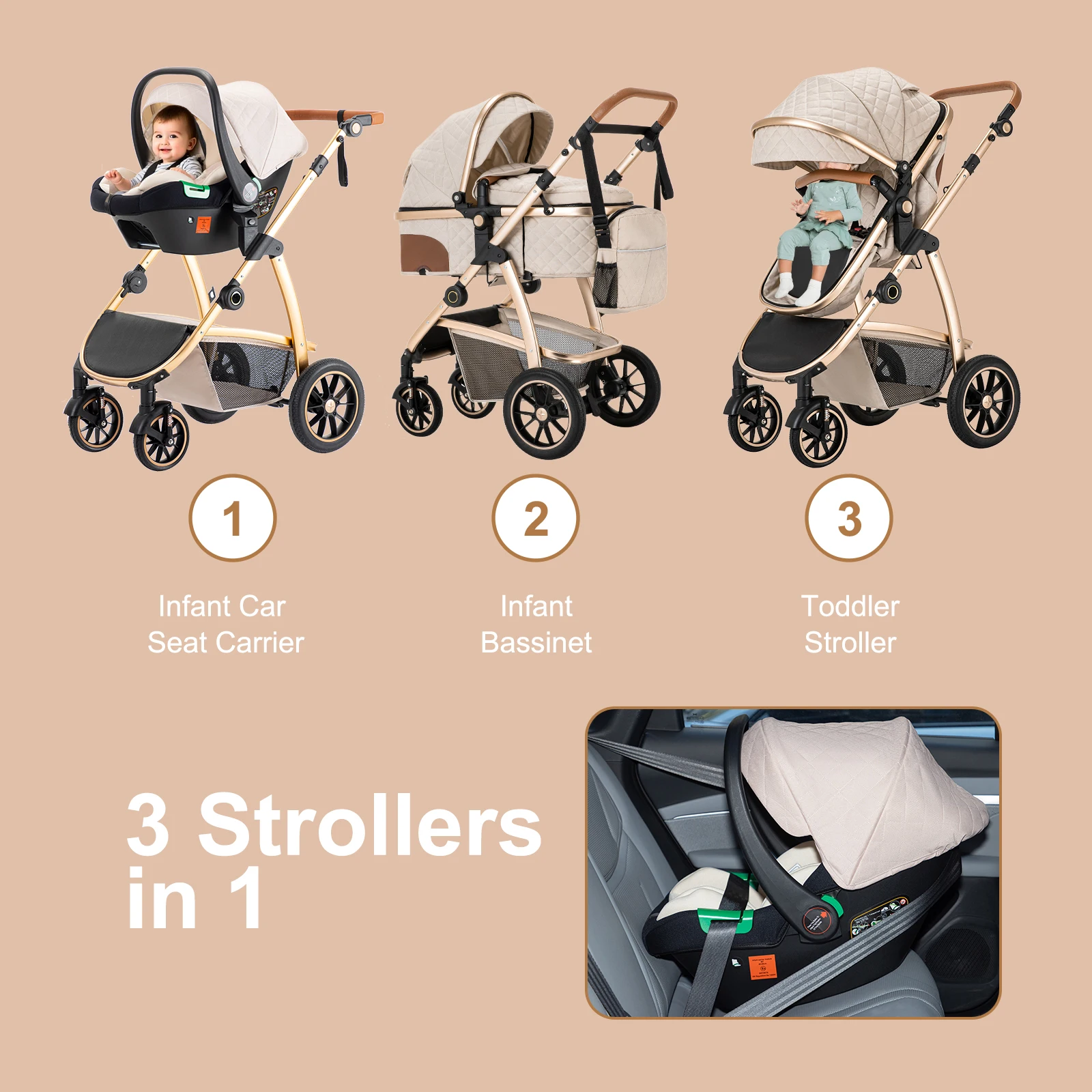 3 in 1 Prams Travel Pushchair with Height Adjustable Handle Travel Pram with Mosquito Net Baby Stroller with Aluminum Frame