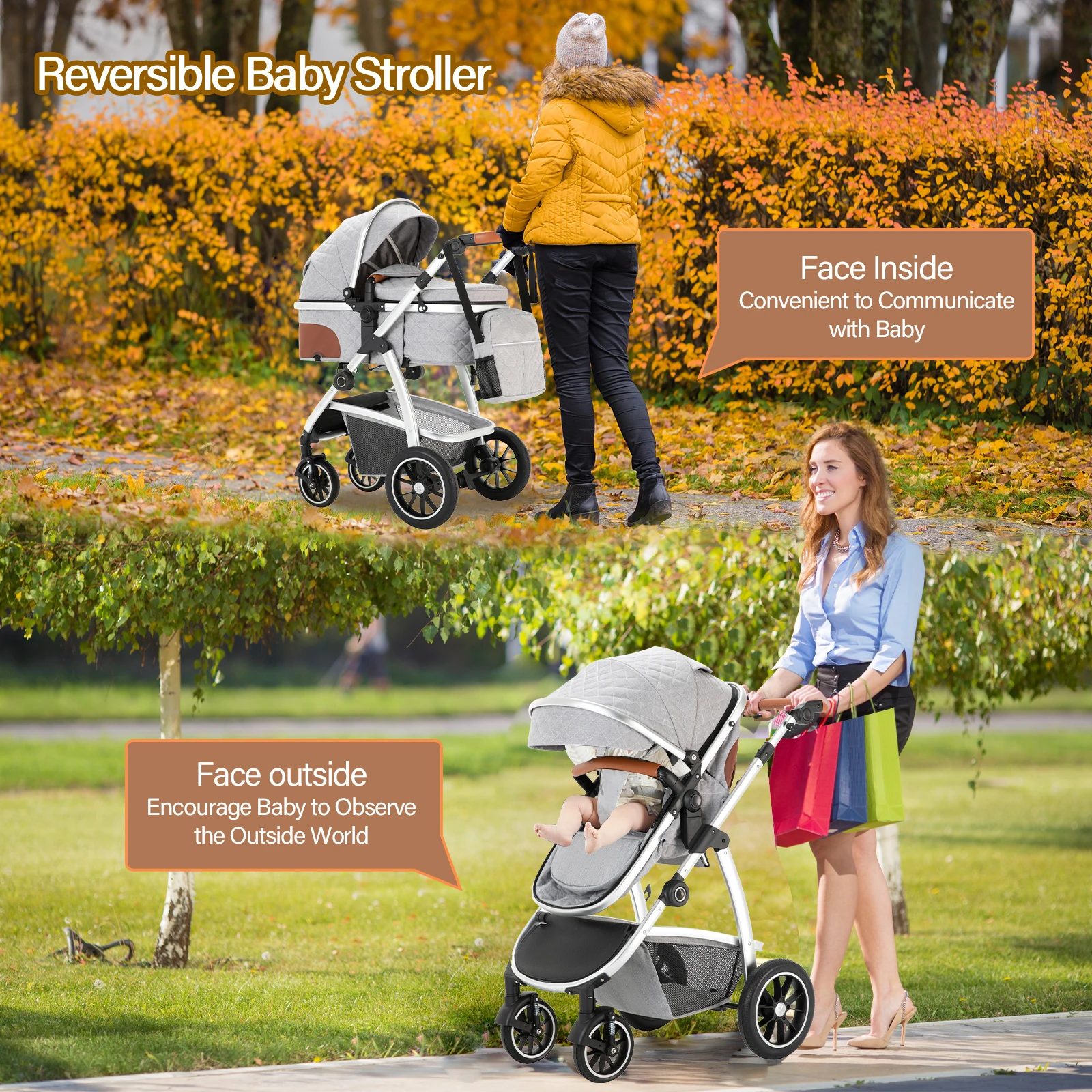 3 in 1 Prams Travel Pushchair with Height Adjustable Handle Travel Pram with Mosquito Net Baby Stroller with Aluminum Frame