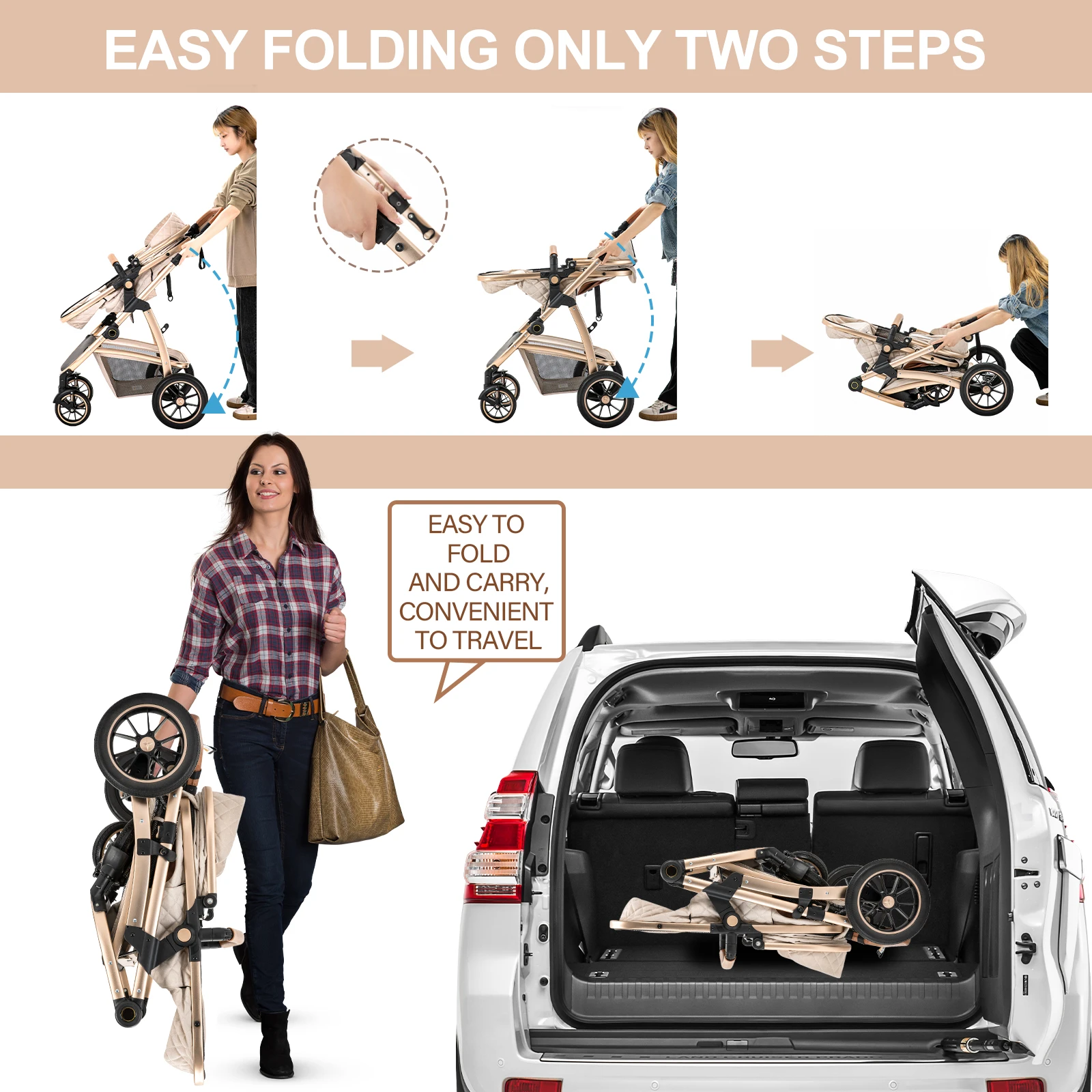 3 in 1 Prams Travel Pushchair with Height Adjustable Handle Travel Pram with Mosquito Net Baby Stroller with Aluminum Frame