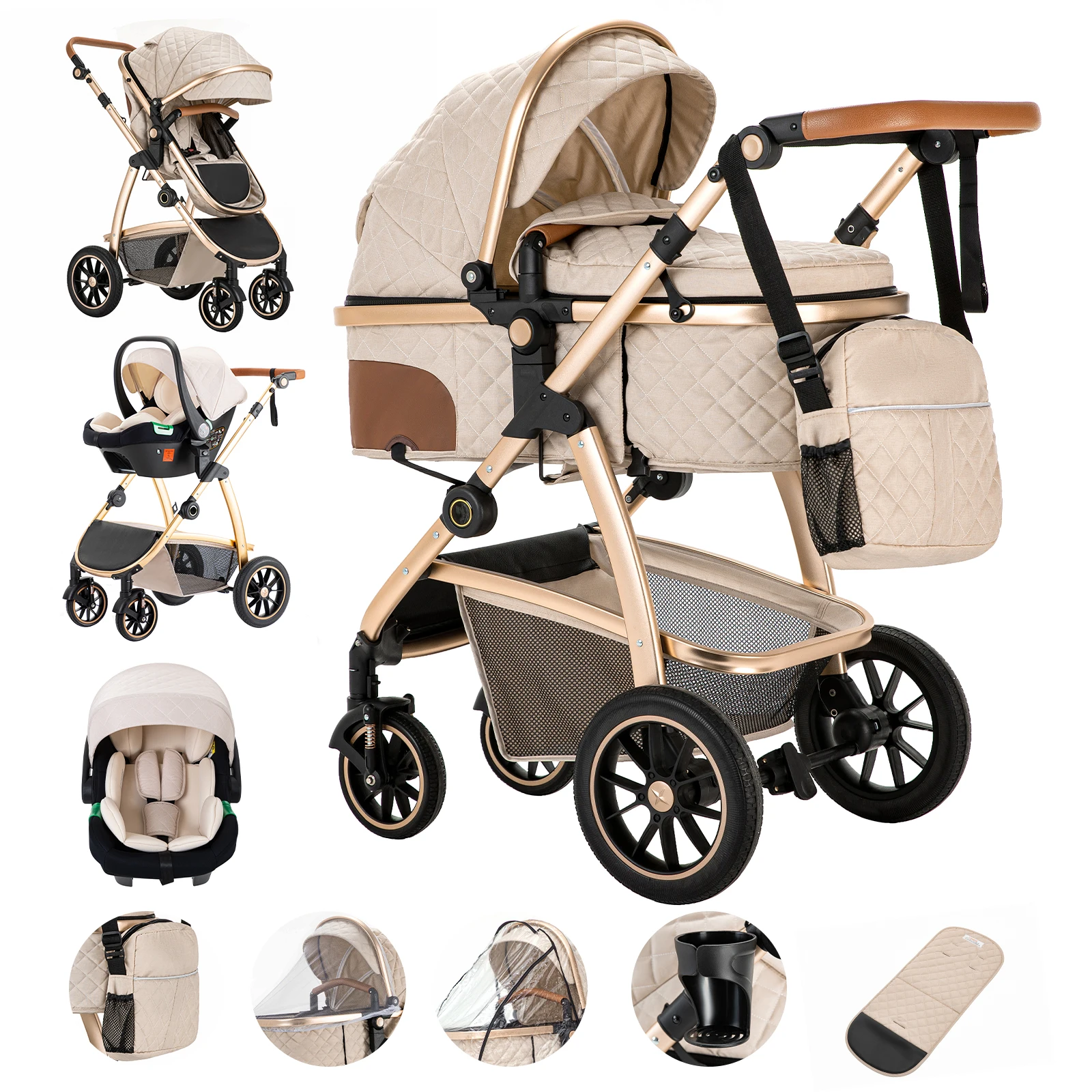 3 in 1 Prams Travel Pushchair with Height Adjustable Handle Travel Pram with Mosquito Net Baby Stroller with Aluminum Frame