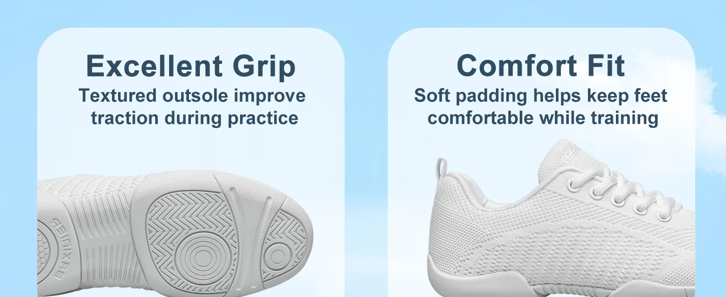 BAXINIER Girls Cheerleading Shoes White Black Breathable Knit Athletic Training Sneakers Youth Kids Cheer Shoes Non-Slip Rubber Sole for School Practice and Competition