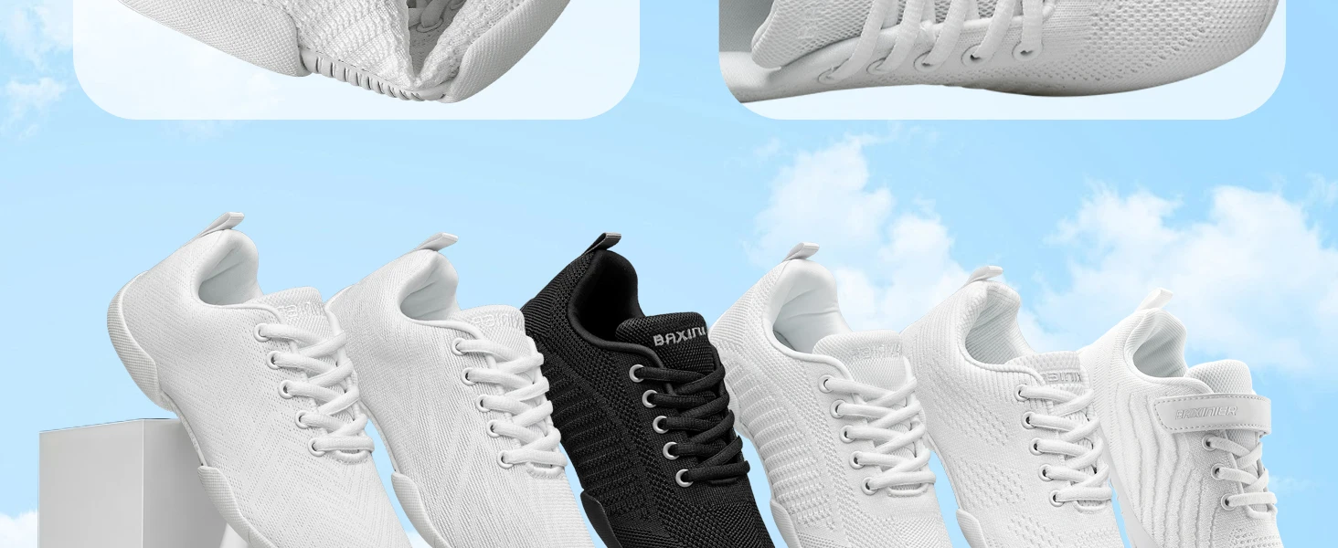BAXINIER Girls Cheerleading Shoes White Black Breathable Knit Athletic Training Sneakers Youth Kids Cheer Shoes Non-Slip Rubber Sole for School Practice and Competition