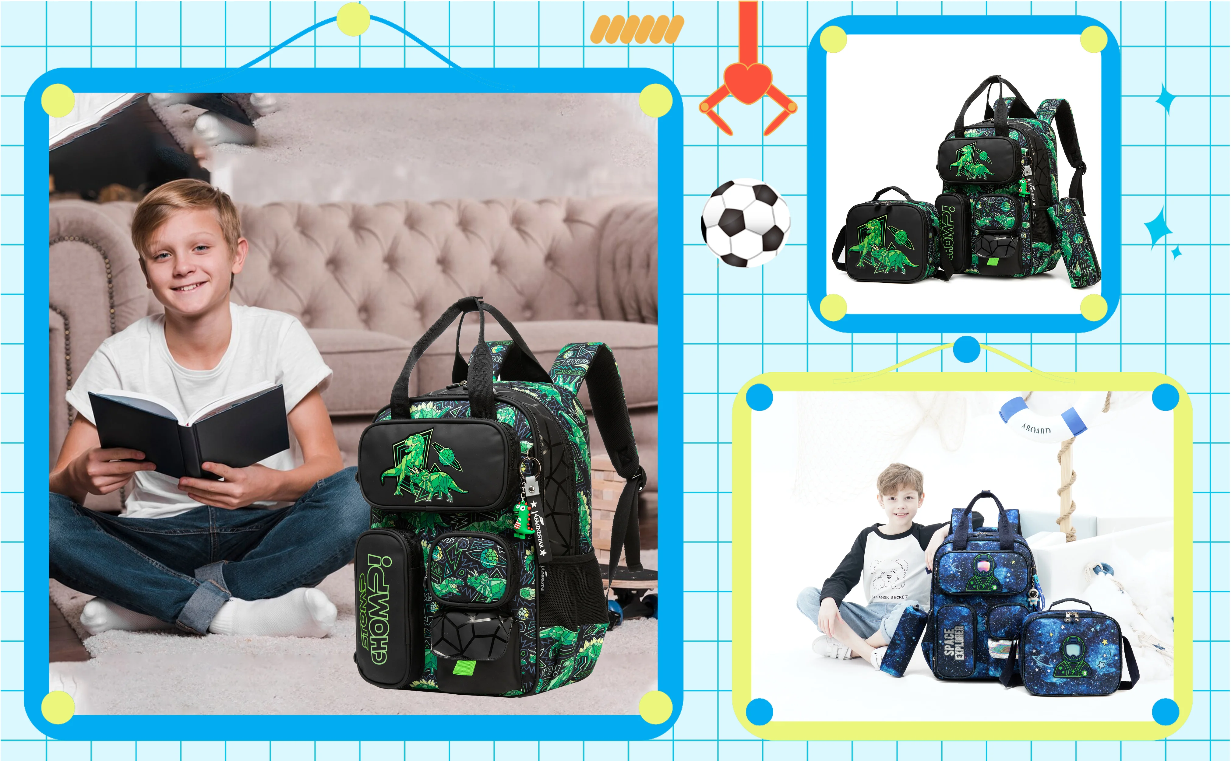 Kids School Backpacks for Boys Backpack with Lunch Bag for Elmentary Students Kids Travel Bookbag for Boys Age 6-12