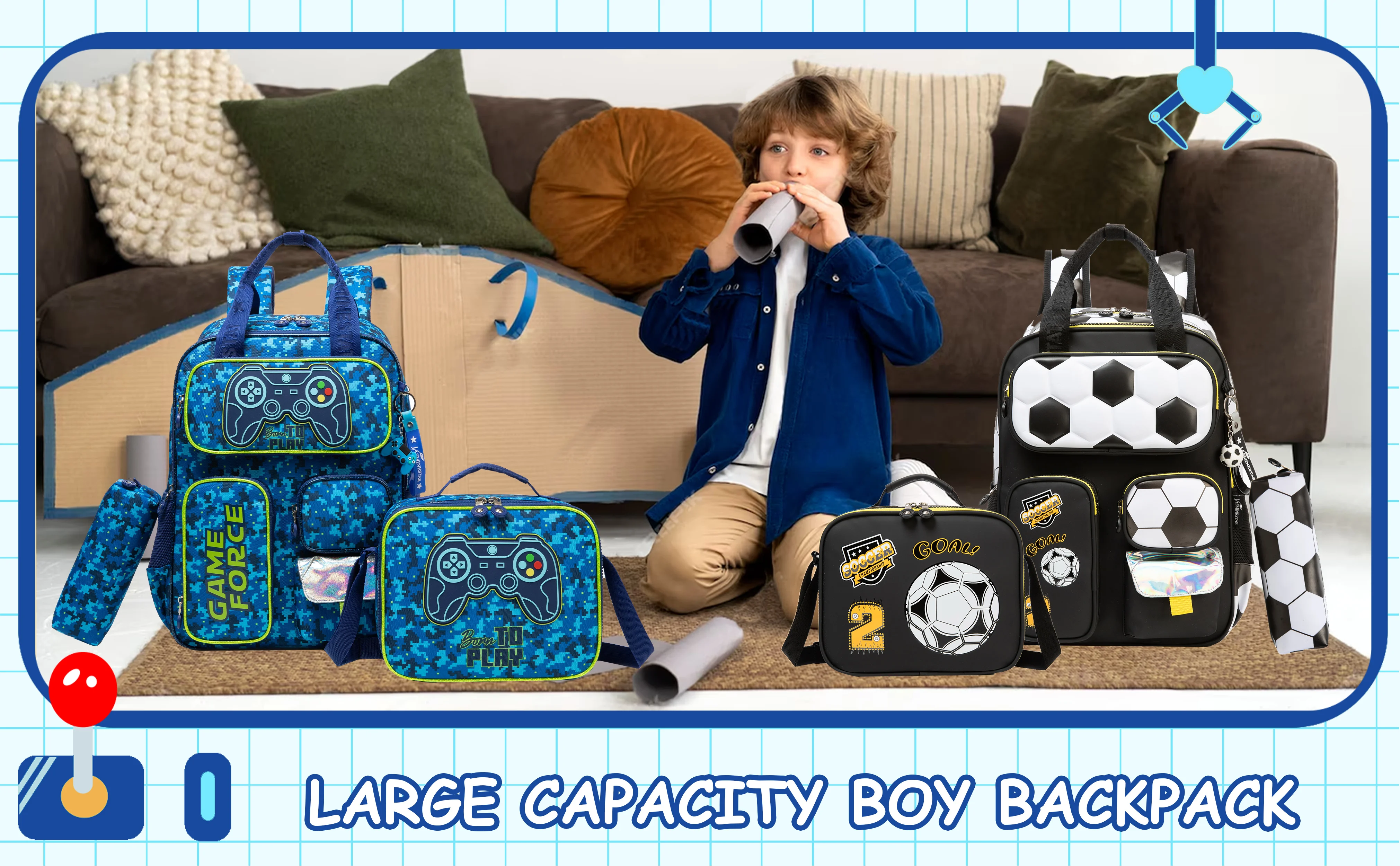 Kids School Backpacks for Boys Backpack with Lunch Bag for Elmentary Students Kids Travel Bookbag for Boys Age 6-12