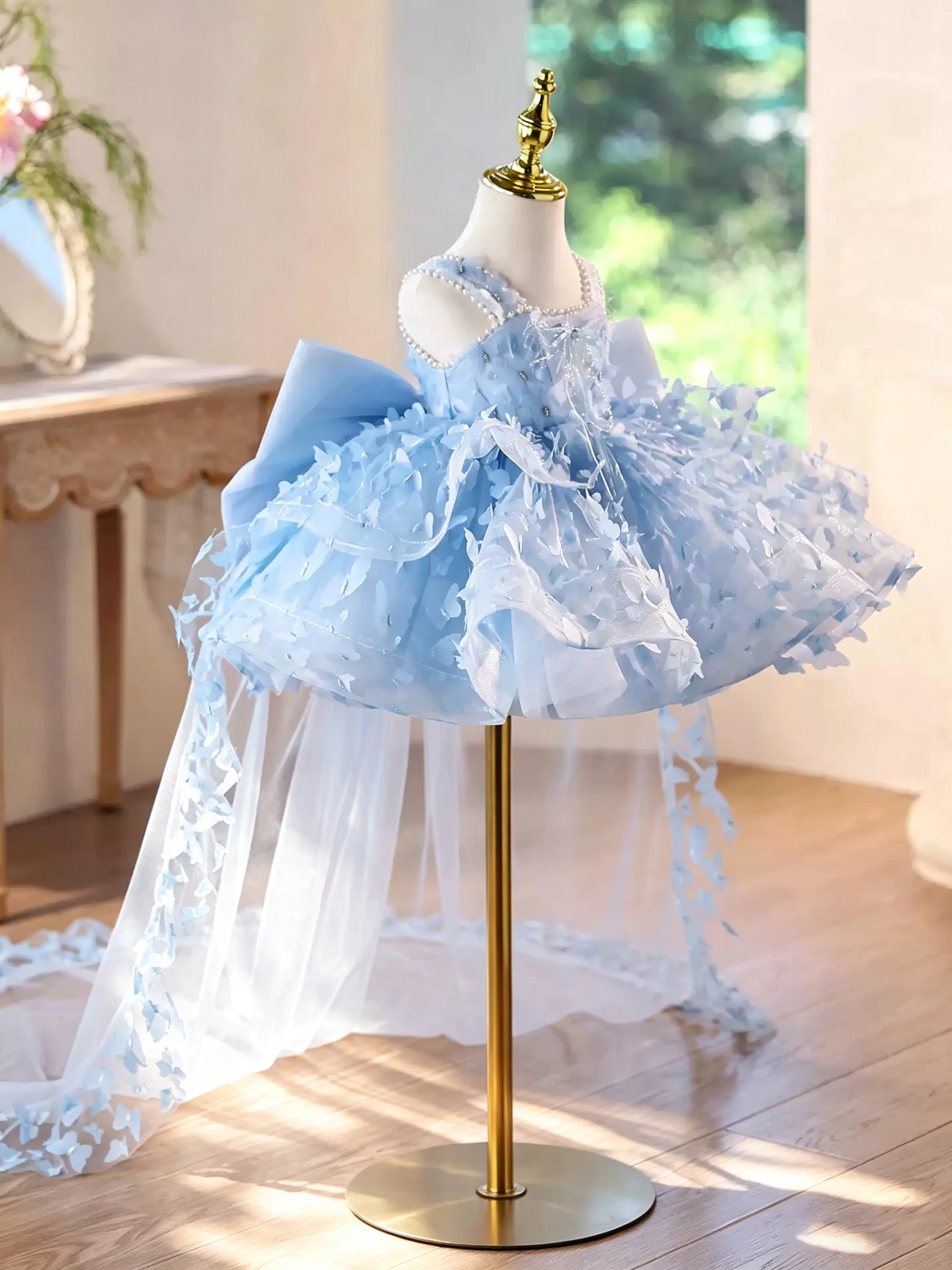 KLFLGD Children's Dress, High-End Luxury, niche Piano Performance, Trailing Fluffy Veil, Girls' Host's Birthday Princess Dress