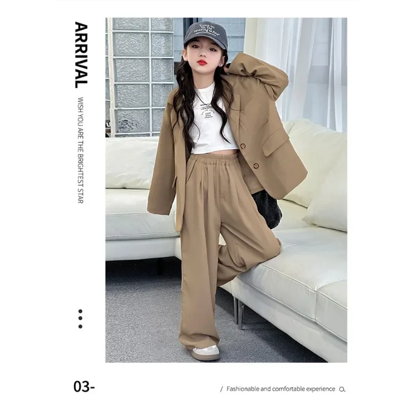 Children Girls Blazers 2PCS Suits OLEKID Autumn 4-14Yrs Kids Girls Blazer Outfits Solid Young Teenagers Girls Ruched Waist Pants