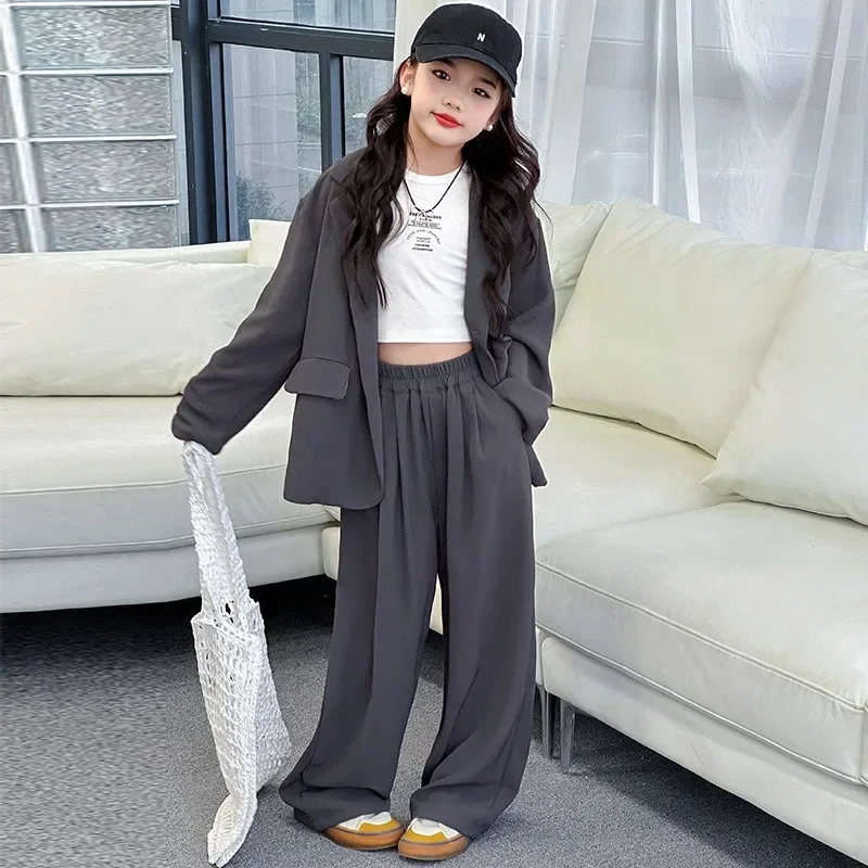 Children Girls Blazers 2PCS Suits OLEKID Autumn 4-14Yrs Kids Girls Blazer Outfits Solid Young Teenagers Girls Ruched Waist Pants