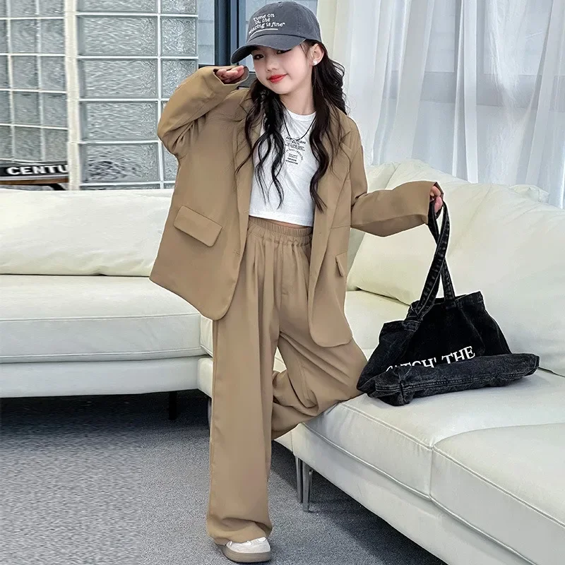 Children Girls Blazers 2PCS Suits OLEKID Autumn 4-14Yrs Kids Girls Blazer Outfits Solid Young Teenagers Girls Ruched Waist Pants