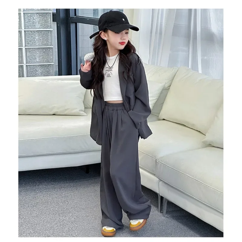 Children Girls Blazers 2PCS Suits OLEKID Autumn 4-14Yrs Kids Girls Blazer Outfits Solid Young Teenagers Girls Ruched Waist Pants