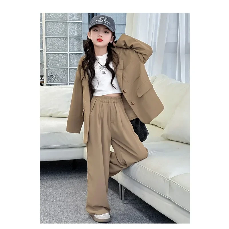Children Girls Blazers 2PCS Suits OLEKID Autumn 4-14Yrs Kids Girls Blazer Outfits Solid Young Teenagers Girls Ruched Waist Pants