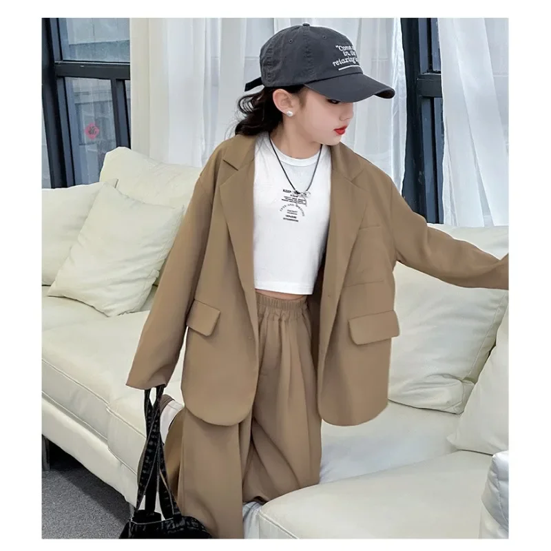 Children Girls Blazers 2PCS Suits OLEKID Autumn 4-14Yrs Kids Girls Blazer Outfits Solid Young Teenagers Girls Ruched Waist Pants