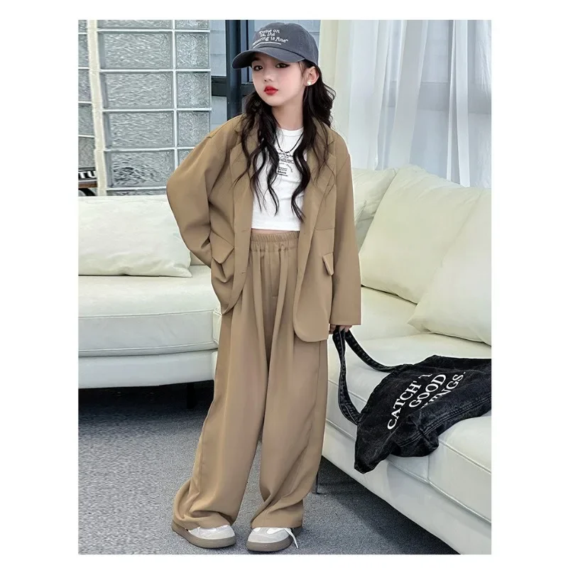 Children Girls Blazers 2PCS Suits OLEKID Autumn 4-14Yrs Kids Girls Blazer Outfits Solid Young Teenagers Girls Ruched Waist Pants