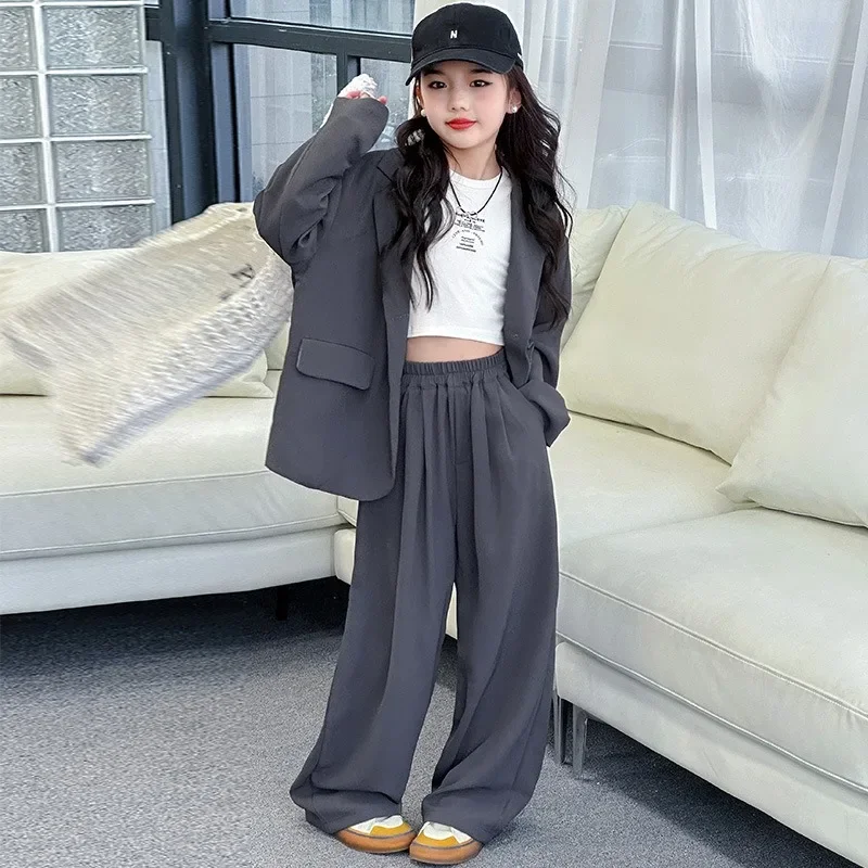 Children Girls Blazers 2PCS Suits OLEKID Autumn 4-14Yrs Kids Girls Blazer Outfits Solid Young Teenagers Girls Ruched Waist Pants