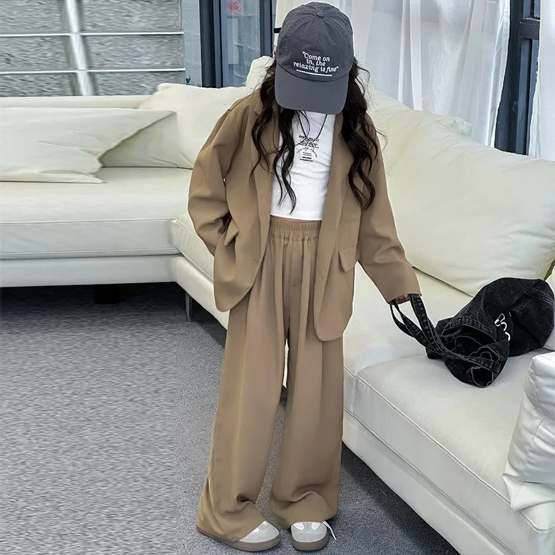 Children Girls Blazers 2PCS Suits OLEKID Autumn 4-14Yrs Kids Girls Blazer Outfits Solid Young Teenagers Girls Ruched Waist Pants