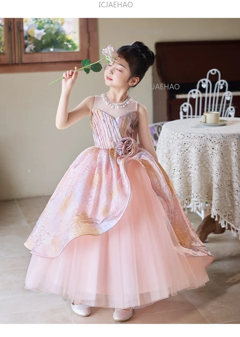 2026 Pink Children Girls Formal Host Party Princess Gown Wedding Flower Girl Kids Piano Performance Elegant Pageant Costume