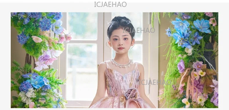 2026 Pink Children Girls Formal Host Party Princess Gown Wedding Flower Girl Kids Piano Performance Elegant Pageant Costume