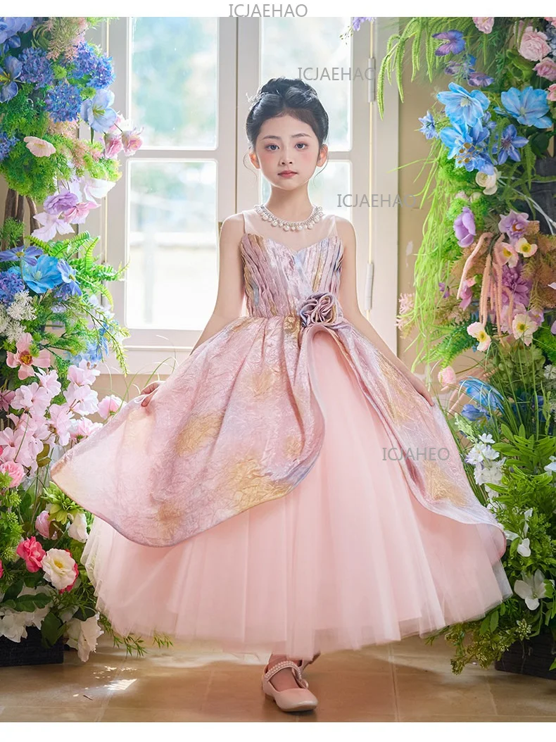 2026 Pink Children Girls Formal Host Party Princess Gown Wedding Flower Girl Kids Piano Performance Elegant Pageant Costume