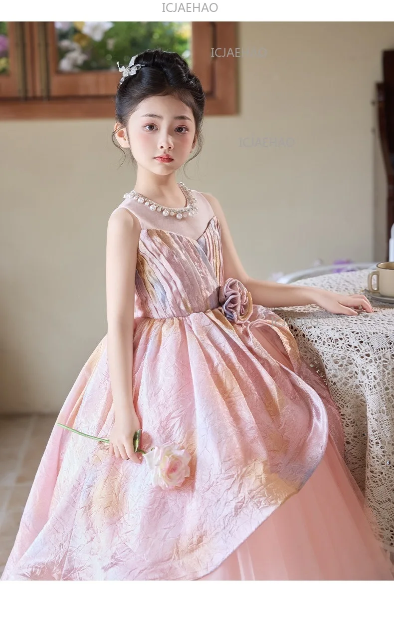 2026 Pink Children Girls Formal Host Party Princess Gown Wedding Flower Girl Kids Piano Performance Elegant Pageant Costume