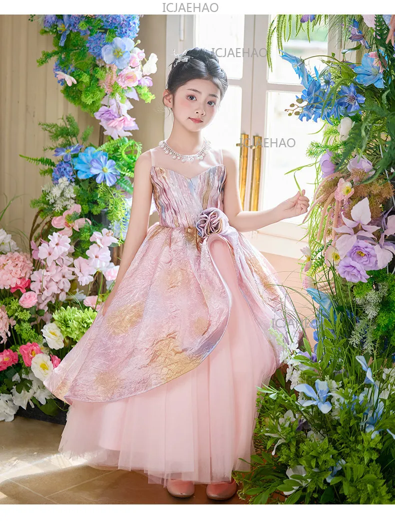 2026 Pink Children Girls Formal Host Party Princess Gown Wedding Flower Girl Kids Piano Performance Elegant Pageant Costume