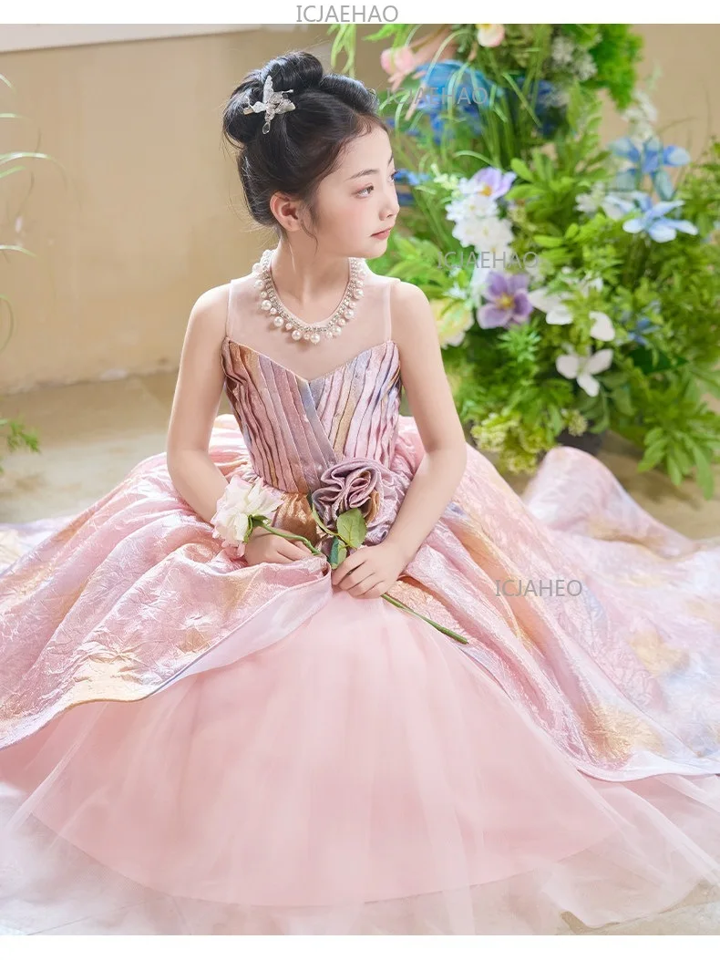 2026 Pink Children Girls Formal Host Party Princess Gown Wedding Flower Girl Kids Piano Performance Elegant Pageant Costume