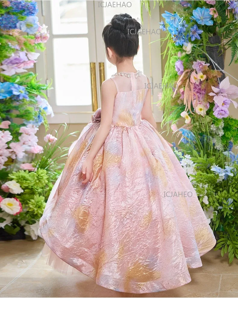 2026 Pink Children Girls Formal Host Party Princess Gown Wedding Flower Girl Kids Piano Performance Elegant Pageant Costume
