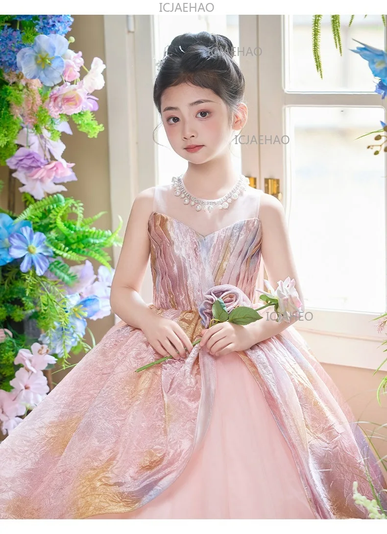 2026 Pink Children Girls Formal Host Party Princess Gown Wedding Flower Girl Kids Piano Performance Elegant Pageant Costume