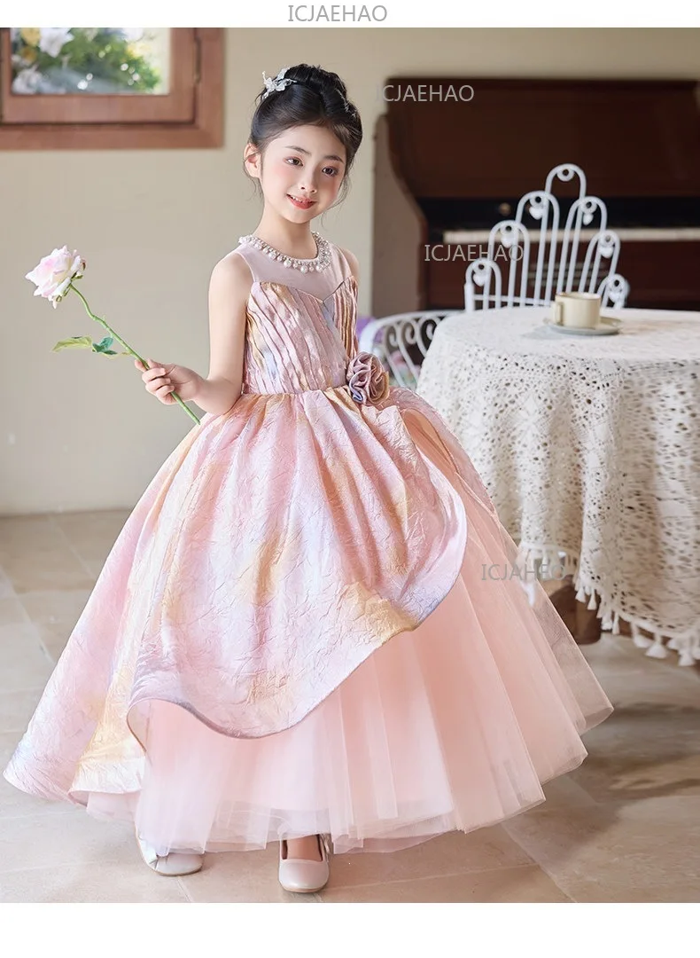 2026 Pink Children Girls Formal Host Party Princess Gown Wedding Flower Girl Kids Piano Performance Elegant Pageant Costume