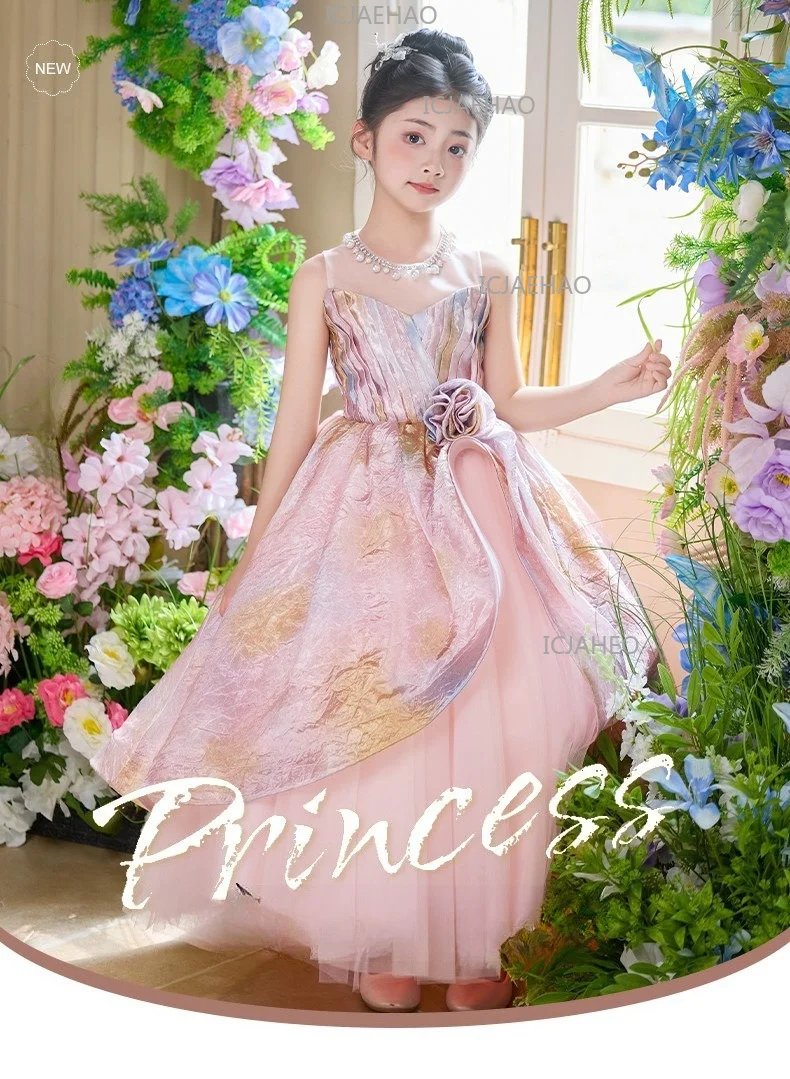 2026 Pink Children Girls Formal Host Party Princess Gown Wedding Flower Girl Kids Piano Performance Elegant Pageant Costume