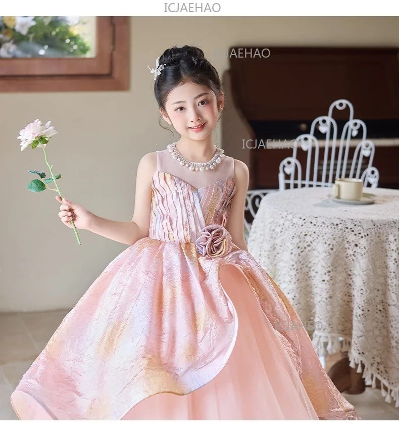 2026 Pink Children Girls Formal Host Party Princess Gown Wedding Flower Girl Kids Piano Performance Elegant Pageant Costume