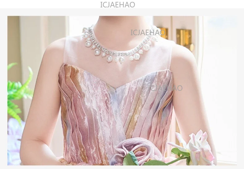2026 Pink Children Girls Formal Host Party Princess Gown Wedding Flower Girl Kids Piano Performance Elegant Pageant Costume