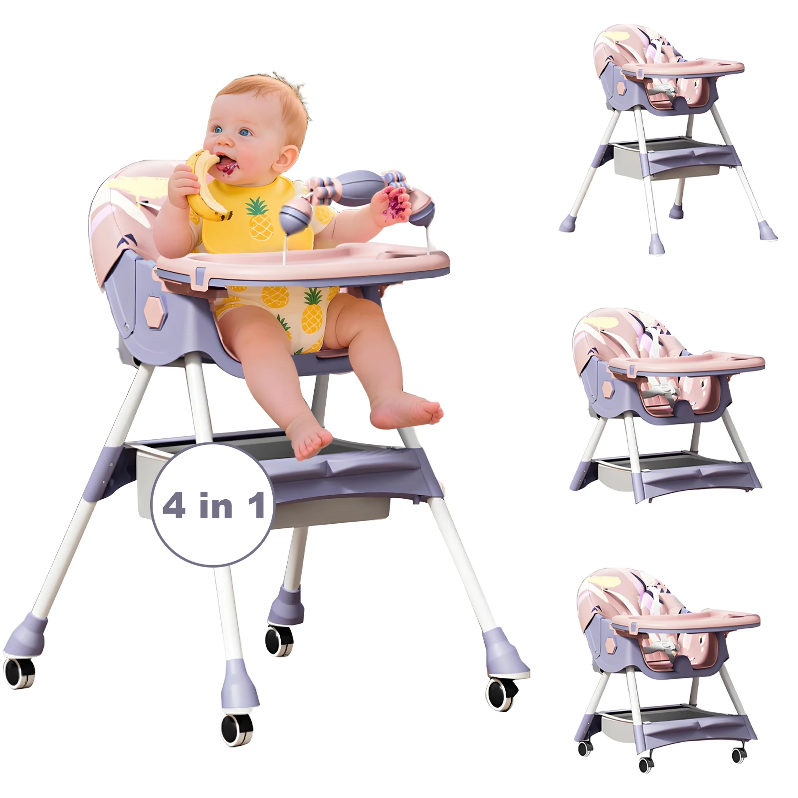 3-In-1 Foldable Baby Highchairs with Double-Layer Dinner Plate and Toy Rack,Anti-Slip Pad Easy-to-Clean Feeding Eat & Play Convertible Dining Chairs For 6 Months Plus Baby