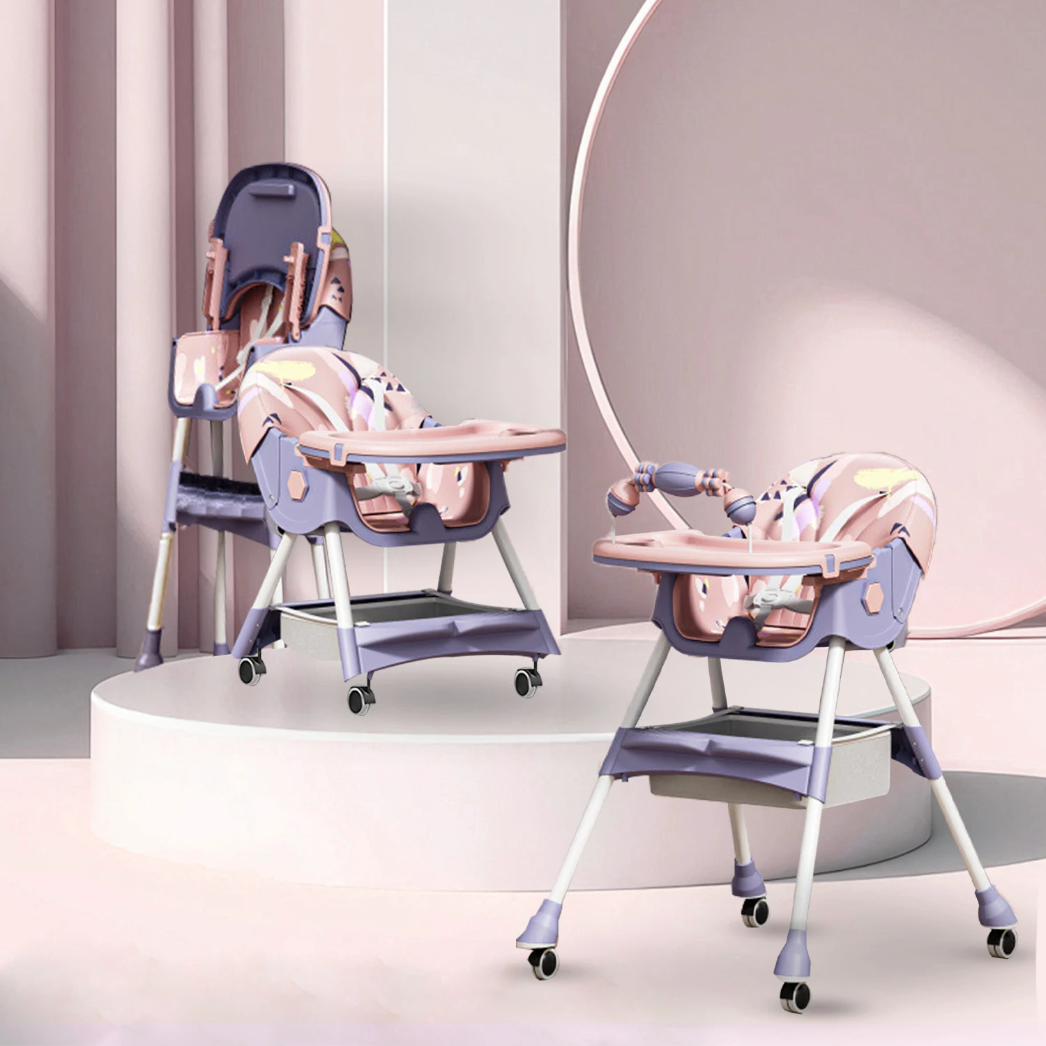 3-In-1 Foldable Baby Highchairs with Double-Layer Dinner Plate and Toy Rack,Anti-Slip Pad Easy-to-Clean Feeding Eat & Play Convertible Dining Chairs For 6 Months Plus Baby