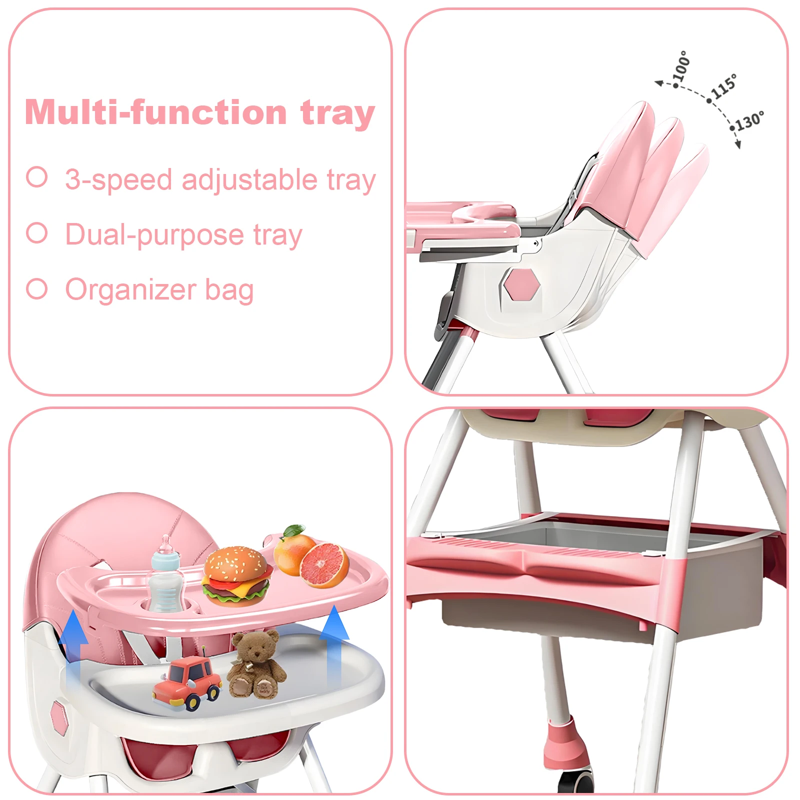 3-In-1 Foldable Baby Highchairs with Double-Layer Dinner Plate and Toy Rack,Anti-Slip Pad Easy-to-Clean Feeding Eat & Play Convertible Dining Chairs For 6 Months Plus Baby