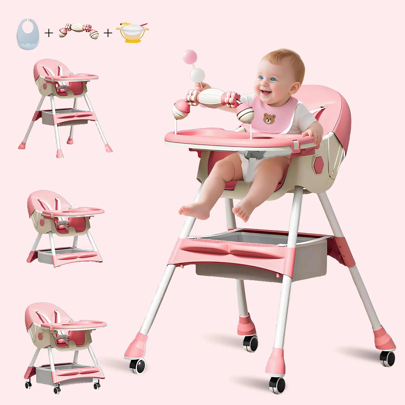 3-In-1 Foldable Baby Highchairs with Double-Layer Dinner Plate and Toy Rack,Anti-Slip Pad Easy-to-Clean Feeding Eat & Play Convertible Dining Chairs For 6 Months Plus Baby