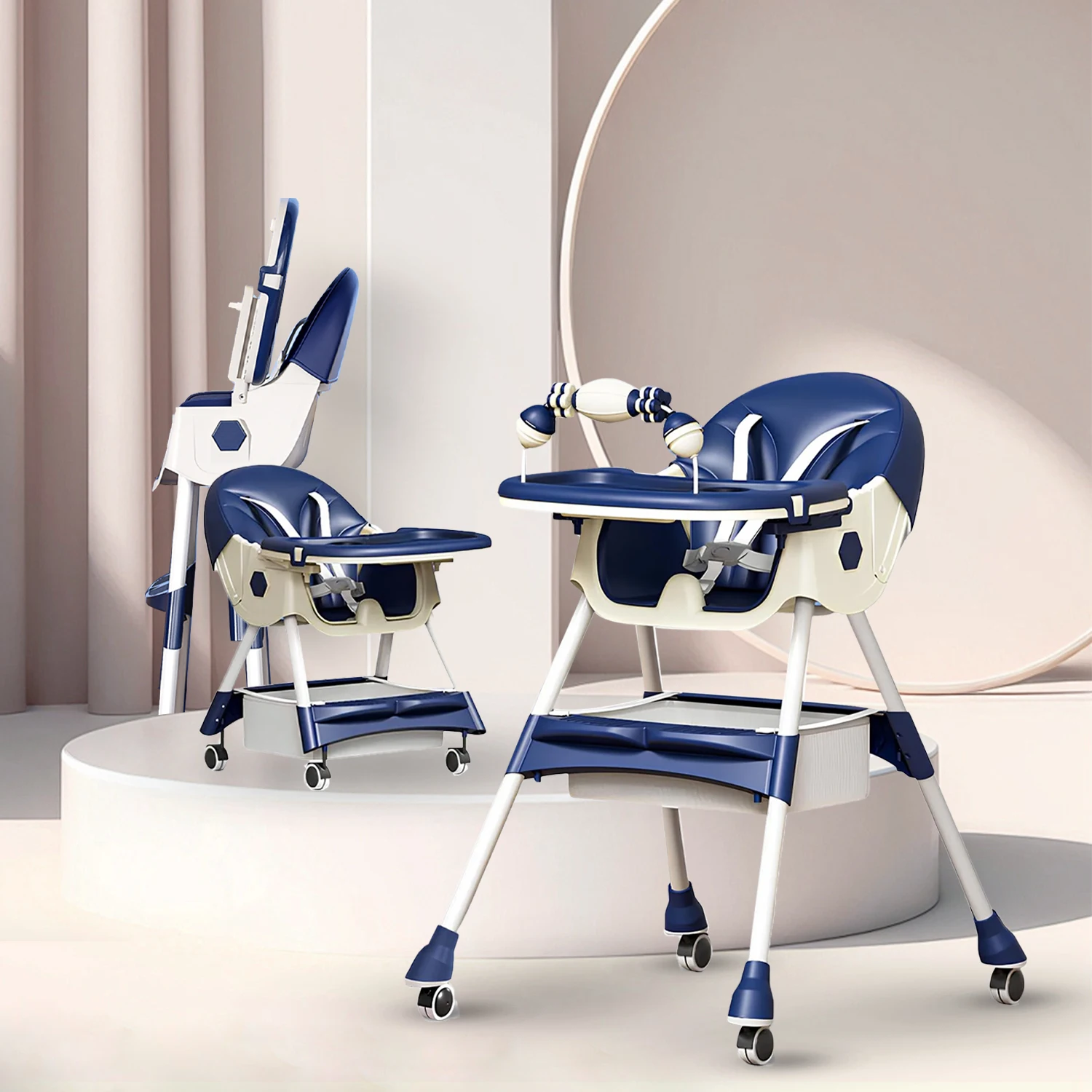 3-In-1 Foldable Baby Highchairs with Double-Layer Dinner Plate and Toy Rack,Anti-Slip Pad Easy-to-Clean Feeding Eat & Play Convertible Dining Chairs For 6 Months Plus Baby