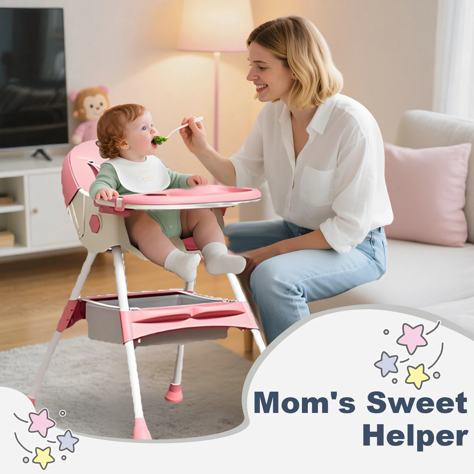 3-In-1 Foldable Baby Highchairs with Double-Layer Dinner Plate and Toy Rack,Anti-Slip Pad Easy-to-Clean Feeding Eat & Play Convertible Dining Chairs For 6 Months Plus Baby
