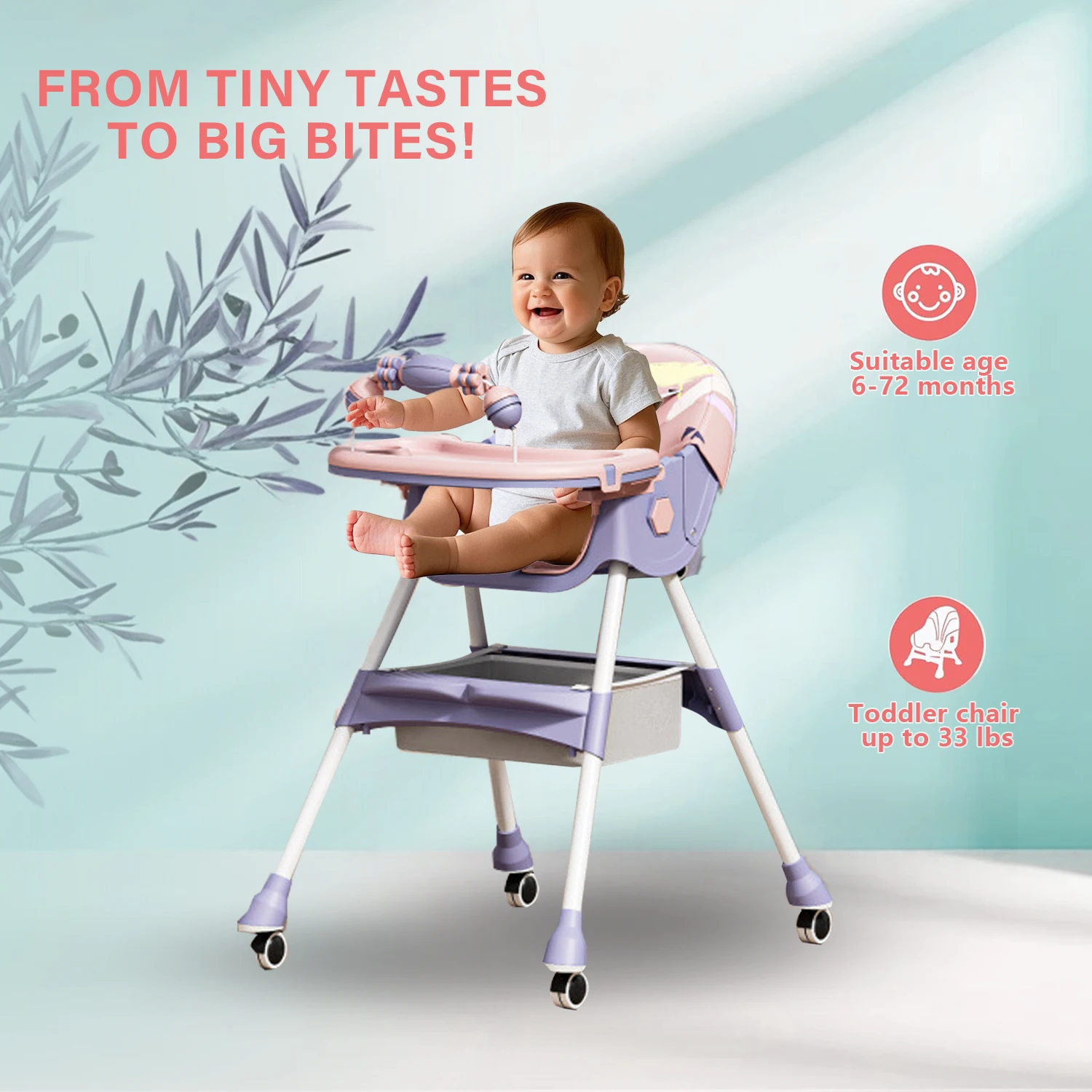 3-In-1 Foldable Baby Highchairs with Double-Layer Dinner Plate and Toy Rack,Anti-Slip Pad Easy-to-Clean Feeding Eat & Play Convertible Dining Chairs For 6 Months Plus Baby