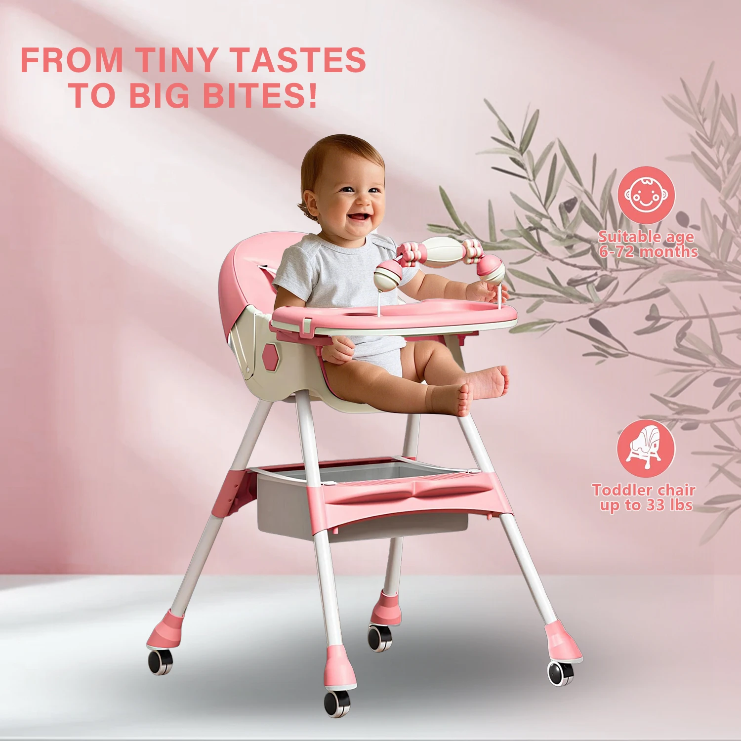 3-In-1 Foldable Baby Highchairs with Double-Layer Dinner Plate and Toy Rack,Anti-Slip Pad Easy-to-Clean Feeding Eat & Play Convertible Dining Chairs For 6 Months Plus Baby